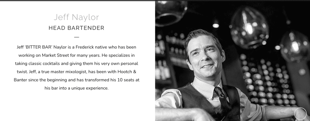 This is a screenshot from Hootch & Banter's website of header bartender, Jeff Naylor. 
